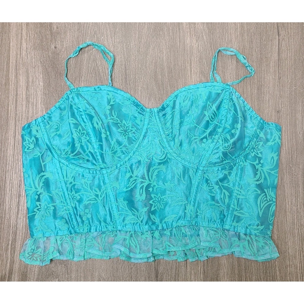 Womens M Teal Floral Bustier Crop Top Corset Cami Smocked Ruffle Y2K Fairycore